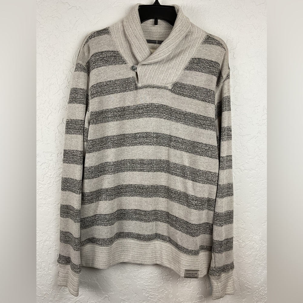 Men’s Calvin Klein Long Sleeve Shawl Collar Cotton Striped Sweater Tan Gray